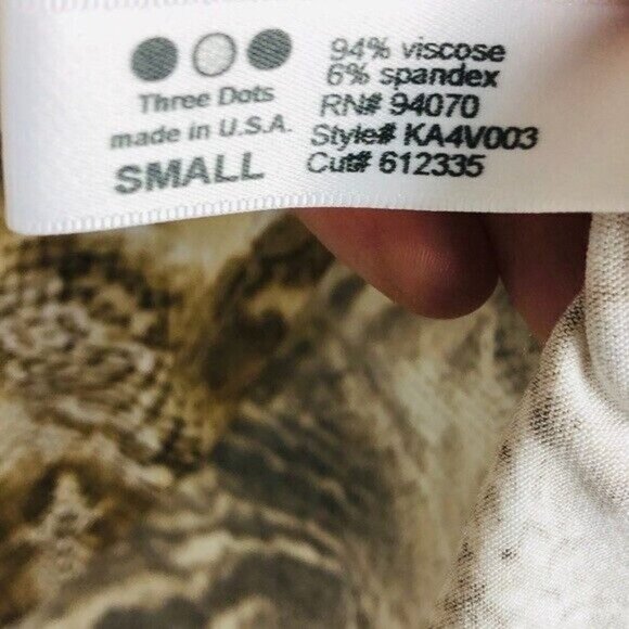 Three Dots Knot Front Snake Print Top 3/4 Sleeves S Brown V-Neck - Picture 5 of 7